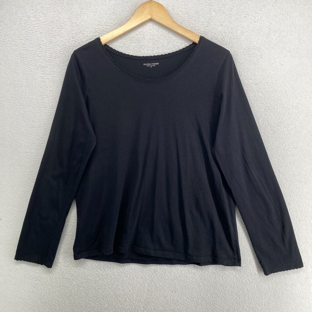 EILEEN FISHER Top M Pajama Organic Cotton Jersey Scallop Long Sleeve PJ Black